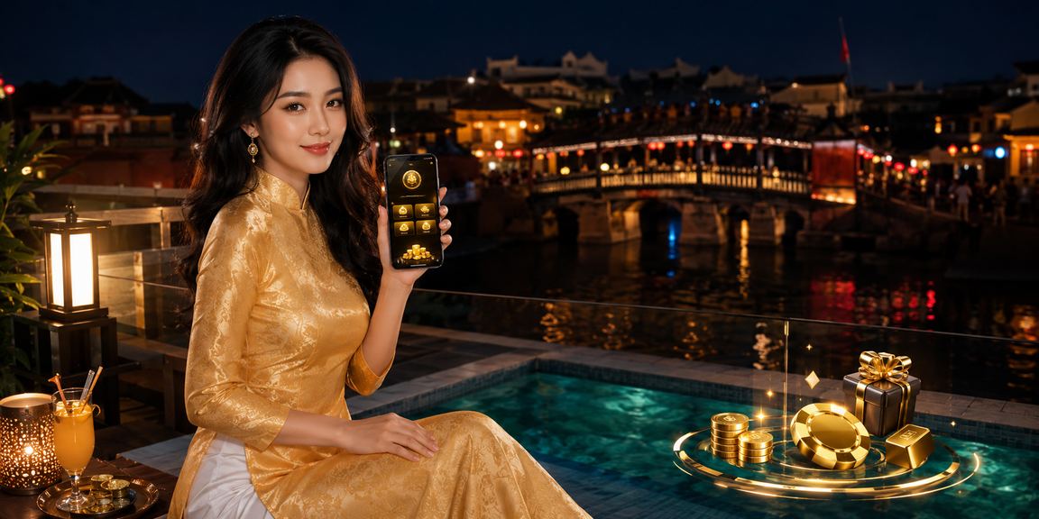 Người dùng Hội An dùng ứng dụng casino trên di động trong trang phục áo dài